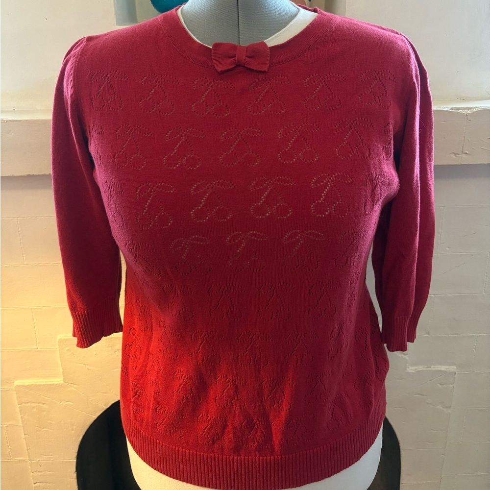 Collectif Vintage Look Cherry Red Bow-Front Sweater